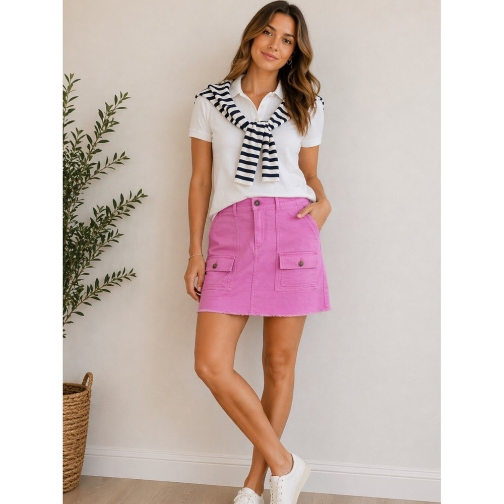 NWT LOFT Denim Skirt Womens Petite 00 Pink Cargo Mini Raw Hem Coquette Barbie